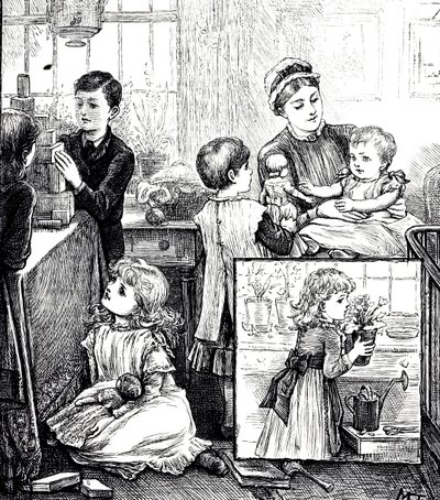 ヴィクトリア朝の裕福な家庭の日常風景を描いたエングレーヴィング。メイン画像では、子供たちが保母に見守られながら、積み木で遊んでいます。挿入図では、小さな女の子が窓辺に鉢植えを置いている。I 作： Mary Ellen Edwards