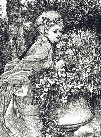 庭の壷に活けられた花の香りを嗅ぐ少女を描いた版画です。絵を描いたのは、イギリスの画家であり、児童書の挿絵画家でもあるメアリー・エレン・エドワーズ（1838-1934）。 作： Mary Ellen Edwards