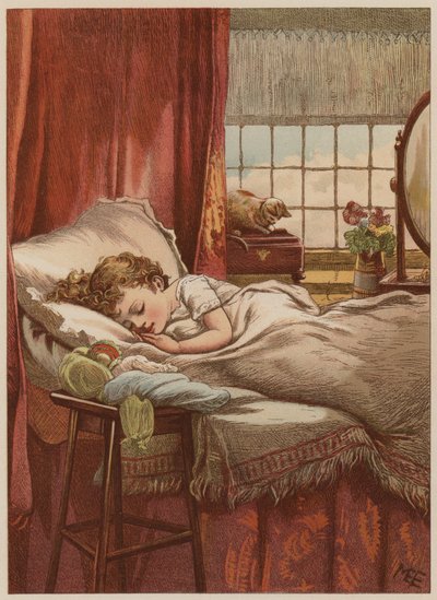 ベッドで眠っている子供（クロモリト） 作： Mary Ellen Edwards