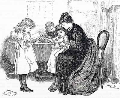 母親に読み聞かせてもらう子供たち 作： Mary Ellen Edwards