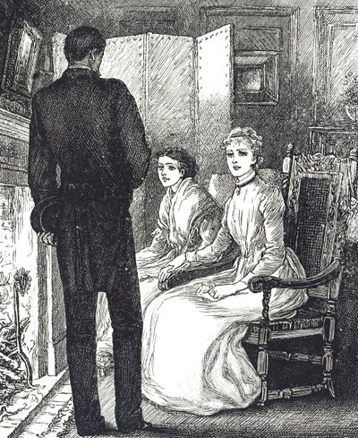 暖炉のそばで暖をとる二人の女性を描いた版画 作： Mary Ellen Edwards