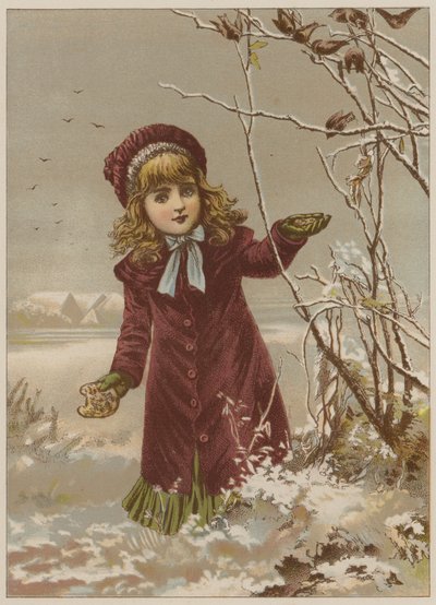 雪の中で鳥を養うためにパンを取っている女の子（クロモリト） 作： Mary Ellen Edwards