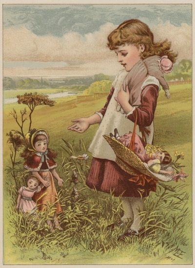 散歩に彼女の人形を取っている女の子（クロモリト） 作： Mary Ellen Edwards