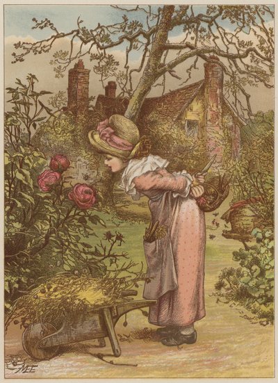 庭で蜂を見ている少女（chromolitho） 作： Mary Ellen Edwards