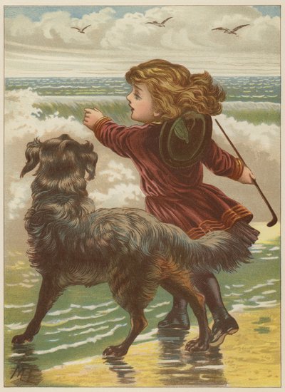 ビーチ（クロモリト）で犬を持つ少女 作： Mary Ellen Edwards