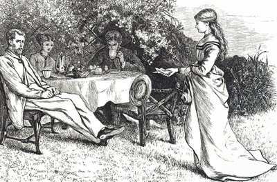 庭で朝食をとる家族を描いたイラスト 作： Mary Ellen Edwards