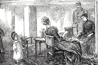 おじさんとおばさんに午後の面倒を見てもらっている少女のイラスト 作： Mary Ellen Edwards