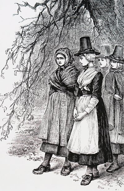 ホランタイドフェア（雇用フェア）で、家政婦として従事するのを待つウェールズの少女たち 作： Mary Ellen Edwards