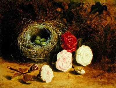 鳥の巣と薔薇の静物画（油彩・キャンバス 作： Mary Ensor