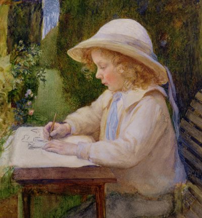 庭のテーブルを描く少女（研究） 作： Mary Harcourt