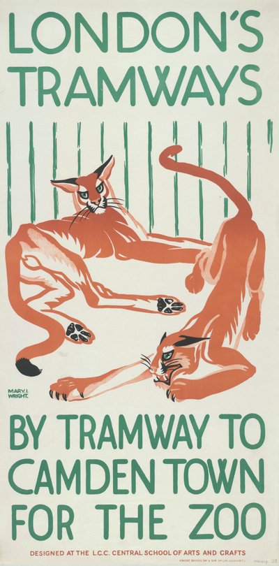 By Tramway to Camden Town for the Zoo」、ロンドン郡議会LCCトラムウェイズのポスター、1924年 作： Mary I Wright