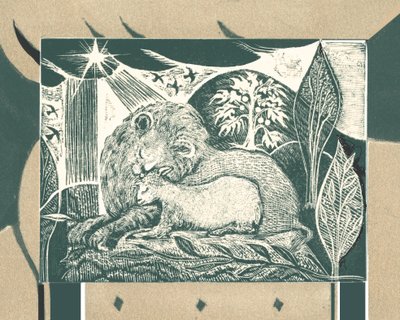 そしてライオンは子羊と一緒に横になります、2003年（木の彫刻） 作： Mary Kuper