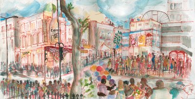 カーニバル、Ladbroke Grove、2017年（ペンと水彩） 作： Mary Kuper