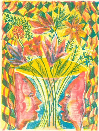 顔と花、2015年（リトグラフ） 作： Mary Kuper