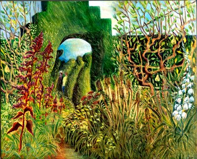 Great Dixter: Topiary and flowers, 2003 (船上油絵) 作： Mary Kuper