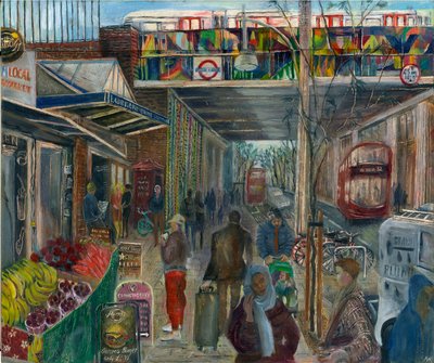 ロックダウン直前のラドブローク グローブ: 4、駅、2020 年 (船上に油) 作： Mary Kuper
