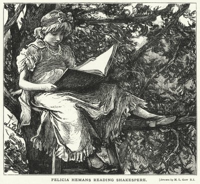 シェークスピアを読むフェリシア・ヘマンズ（版画 作： Mary L. Gow