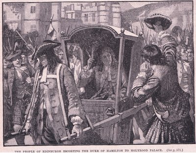 エジンバラの人々がハミルトン公爵をホリールード宮殿1706年に護衛 作： Mary L. Gow