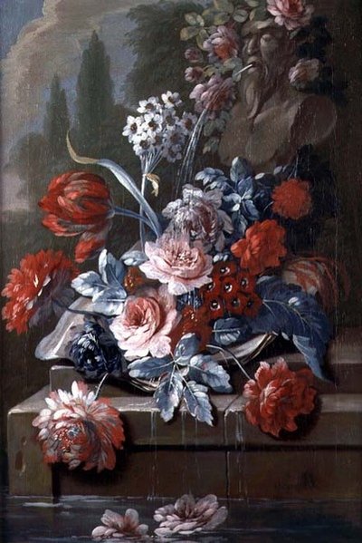泉のほとりの花の静物」（油彩・キャンバス）（121413のペア） 作： Mary Moser
