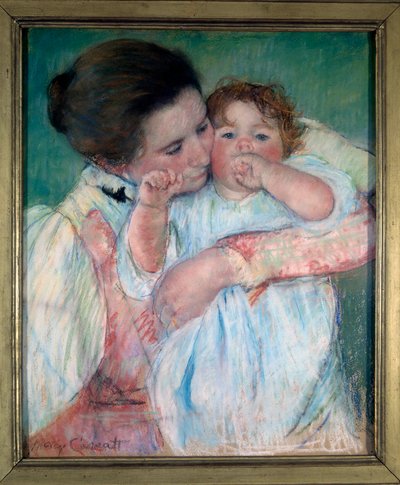 緑の背景の母子像またはマタニティ メアリー・カサット（1844-1926）の絵画 1897年 日。0,55x0,46 m Paris, musee d