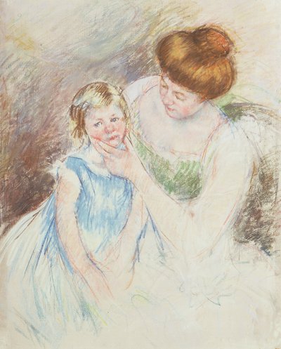 サラのあごを持っている左手を持つ母 作： Mary Cassatt