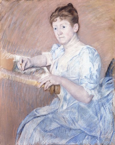 タペストリーフレームに座った青いイブニングドレスを着たアレクサンダーJ.カサット夫人 作： Mary Cassatt