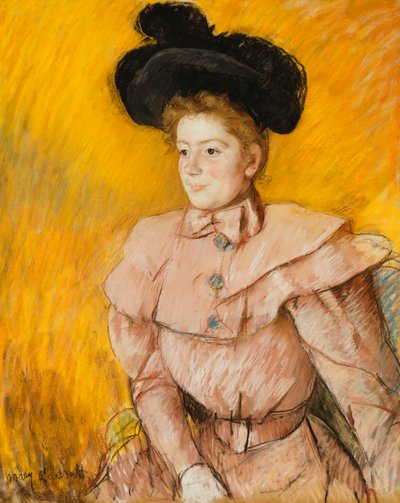 黒い帽子をかぶった女性とラズベリーピンクの衣装、c.1899 作： Mary Cassatt