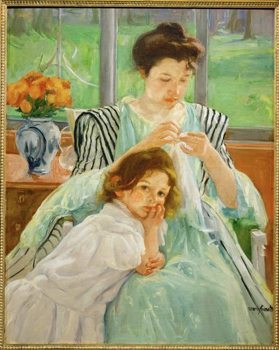 裁縫をする若い母親（キャンバスに描かれた絵） 作： Mary Stevenson Cassatt