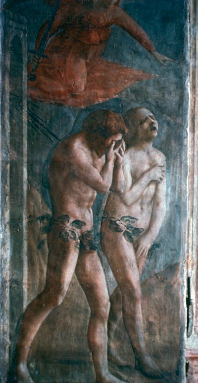 楽園から追放されたアダムとイヴ」、細部、修復前、c1427   作： Masaccio Tommaso