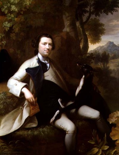 フランシス・ポパム（d.1780）《グレイハウンドを連れて森の中に座る》（油彩・キャンバス） 作： Mason Chamberlain