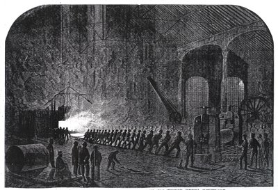 1861年9月14日、「The Illustrated London News」からのイラスト、シェフィールドのアラス製鉄所での陛下の船の装甲板のローリングプロセス 作： Mason Jackson