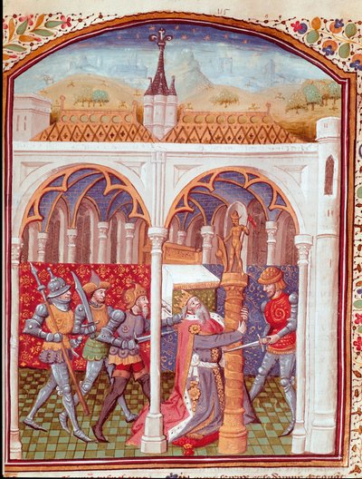 ミニチュア王の暗殺 イタリアの作家、ジョヴァンニ・ボッカッチョ（ジャン・ボッカッチョ）（1313-1375）の「高貴な男女の不幸な事例」（De casibus）から抜粋し、ローラン・ド・プルミエフェが翻訳し、デュノア（15世紀）の巨匠が盛り上げた。 作： Master Dunois