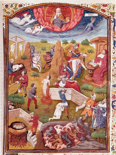 ボッカッチョの幻影：拷問、絞首刑、虐殺の場面 イタリアの作家、ジョヴァンニ・ボッカッチョ（ジャン・ボッカッチョ）（1313-1375）の「高貴な男性と不幸な女性の事例」（De casibus）から引用されたミニチュアで、ローラン・ド・プルミエフェが翻訳し、ティルマンが盛り上げている。 作： Master Dunois