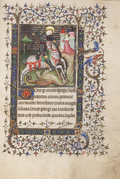 MS Widener 4 f.188r、St。GeorgeFighting the Dragon、時祷書、レンヌの使用、c.1405（ペンとインク、ベラムのテンペラ） 作： Master Lucon
