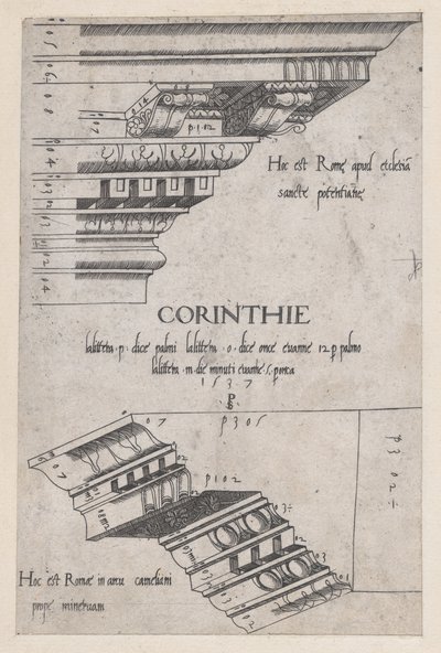 Speculum Romanae Magnificentiae:サンタ・プデンツィアーナのエンタブラチャーと、1537年のカミグルのアーチ。 作： Master PS