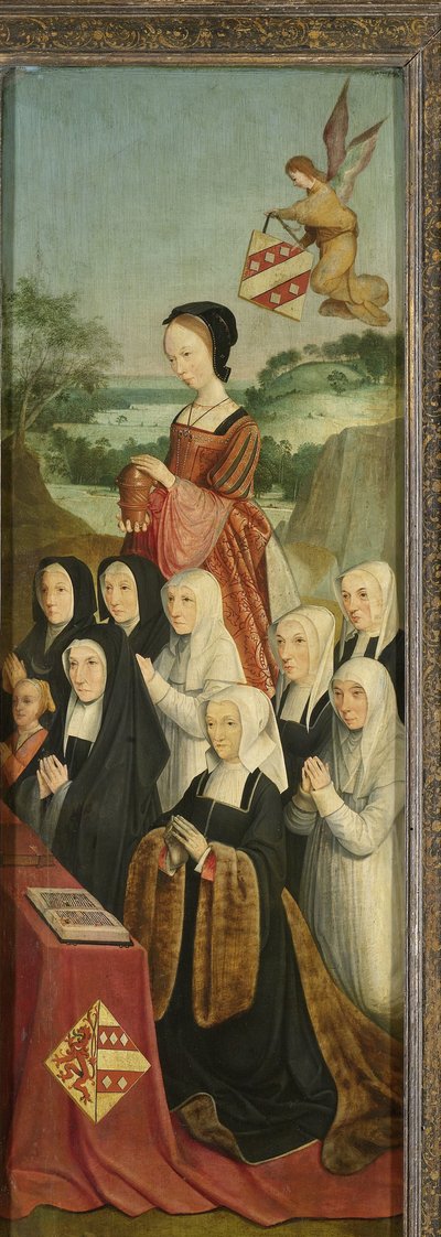 9 人の女性の肖像画、おそらく Kathrijn Willemsdr van der Graft とその家族の記念パネル、聖マグダラのマリアと Van Soutelande 家族、Van der Graft-Van Soutelande 紋章、祭壇画の右翼内側 作： Master of Alkmaar