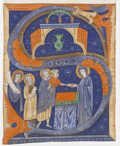 神殿でのキリストの提示を頭文字Sで描いたマニュスクリプト・イルミネーション、1278年頃。 作： Master of Bagnacavallo