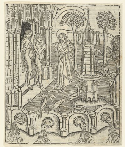 神はアダムとイブに楽園を示します 作： Master of Delft (attributed to)