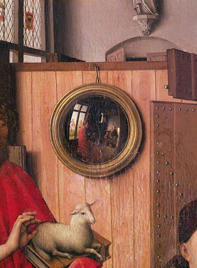 洗礼者ヨハネと寄贈者、ハインリッヒフォンワール、ワール祭壇画、鏡の詳細、c.1438（36923も参照） 作： Master of Flémalle