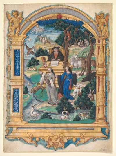 ギヨーム・クレタンの詩の写本からの口絵ミニチュア：2人の女性の間の討論 作： Master of Francis I