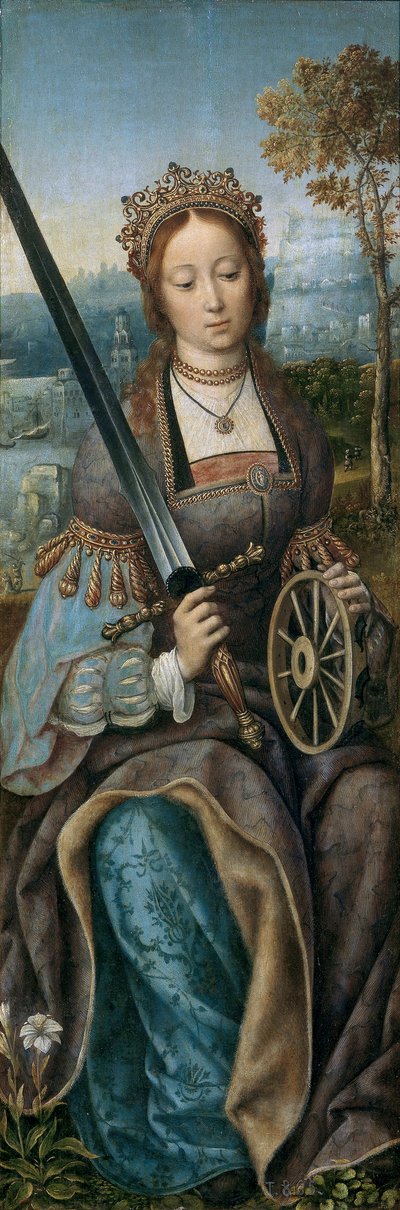 カトリーヌ・ダアレキサンドリー（307年殉教） - 「音楽を奏でる天使たちと聖家族」のトリプティク。左パネル。聖カタリナ・パー・フランクフルト師（1460-1533年頃）、1510-1520年頃 - 木に油彩、79x27 - マドリッド、プラド美術館（Museo del Prado 作： Master of Frankfurt
