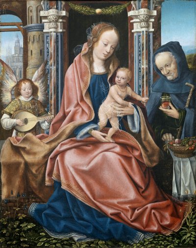 La sainte famille - 音楽を奏でる天使たちと聖家族のトリプティク - 中央のパンノー、フランフォール氏（1460年から1533年まで）の絵画、約1510年から1520年 - 木に油彩、78x60 - プラド美術館、マドリッド 作： Master of Frankfurt