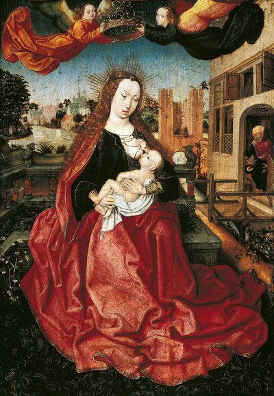 1490年代の2人の天使が戴冠したマドンナと子供 作： Master of Frankfurt