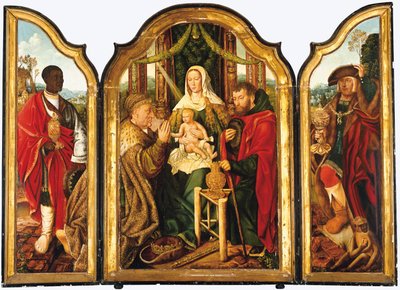 MelchiorがChrist Childに金を提供する聖家族 作： Master of Frankfurt
