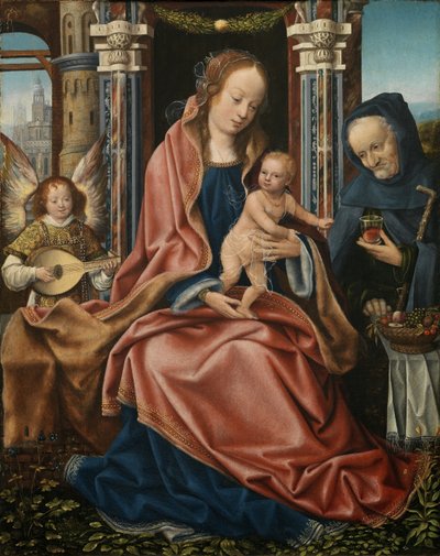 音楽を作る天使と聖家族の三連祭壇画。中央パネル、ca 1510-1520 作： Master of Frankfurt
