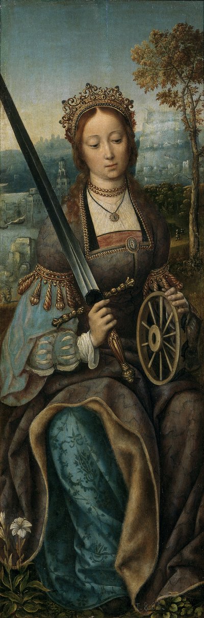 音楽を作る天使と聖家族の三連祭壇画。左パネル：セントキャサリン、ca 1510-1520 作： Master of Frankfurt