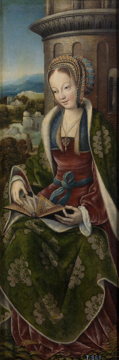 音楽を作る天使と聖家族の三連祭壇画。右パネル：セントバーバラ、ca 1510-1520 作： Master of Frankfurt