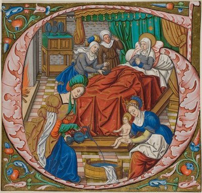 アンティフォナルの歴史的なイニシャル「G」での聖母の誕生 作： Master of Jacques de Besançon
