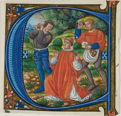 歴史的なイニシャル「A」または「C」での聖ステパノの投石 作： Master of Jacques de Besançon