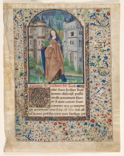 時間の書からのリーフ: 聖バーバラ (2 カットされた葉の 2) 作： Master of Jacques de Luxembourg